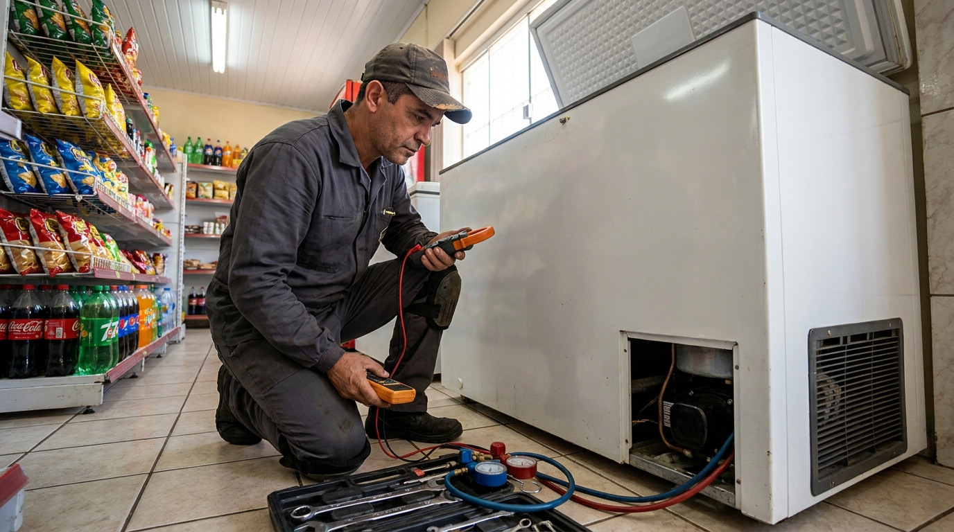 Reparo da placa eletrônica de um freezer em atendimento em São José dos Campos‑SP
