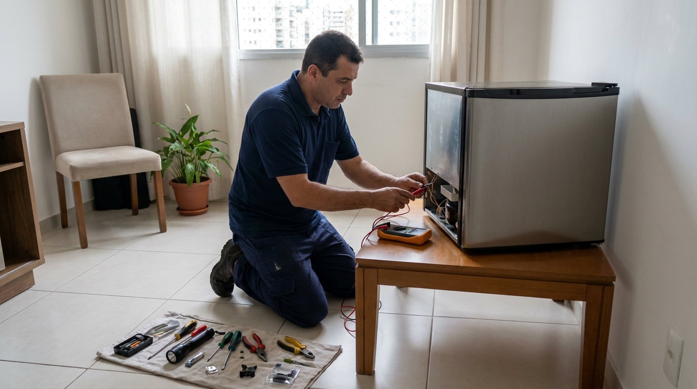 Técnico revisando o motor de um frigobar em São José dos Campos‑SP