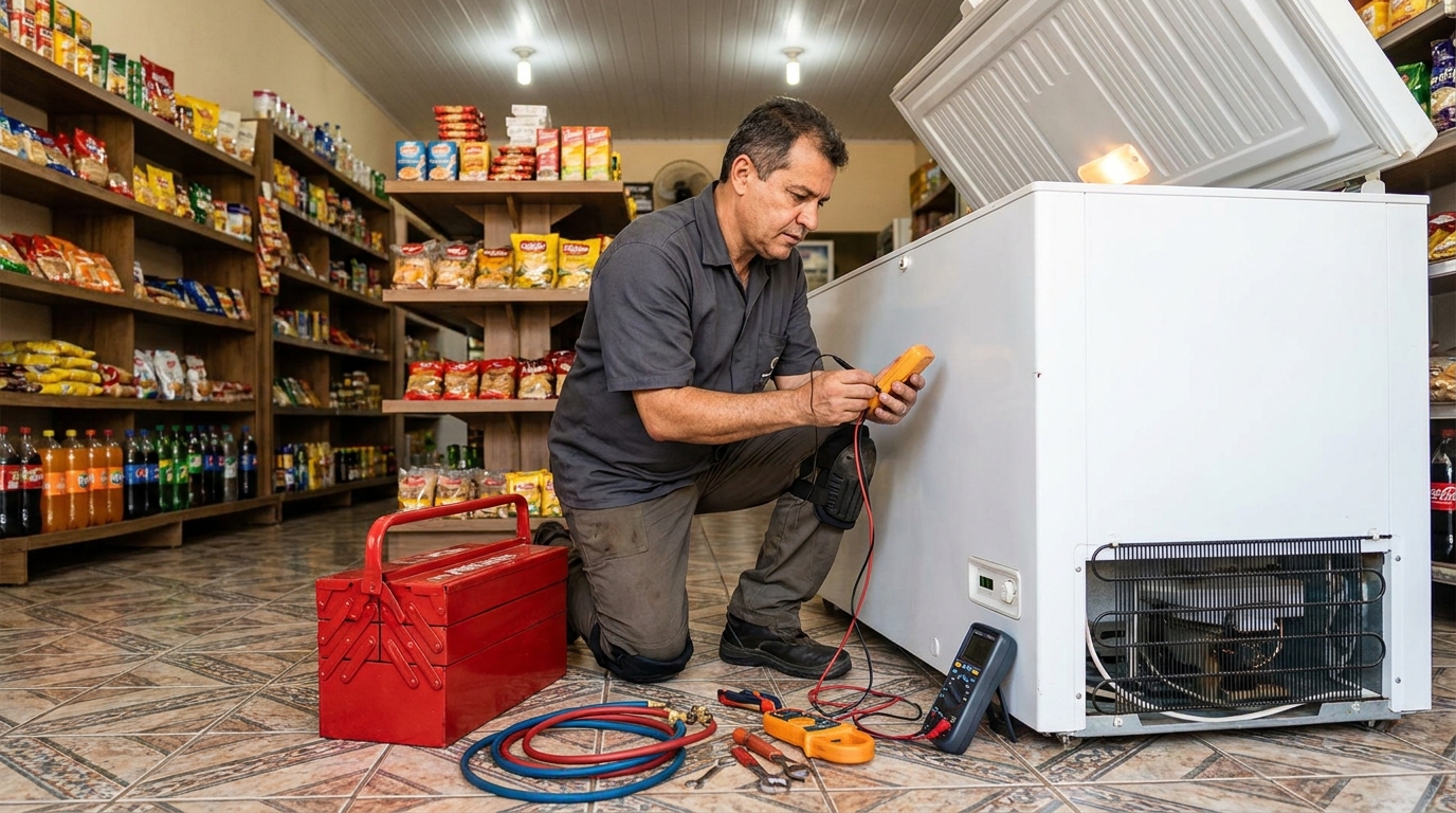 Manômetro conectado ao circuito durante recarga de gás de freezer em São José dos Campos‑SP