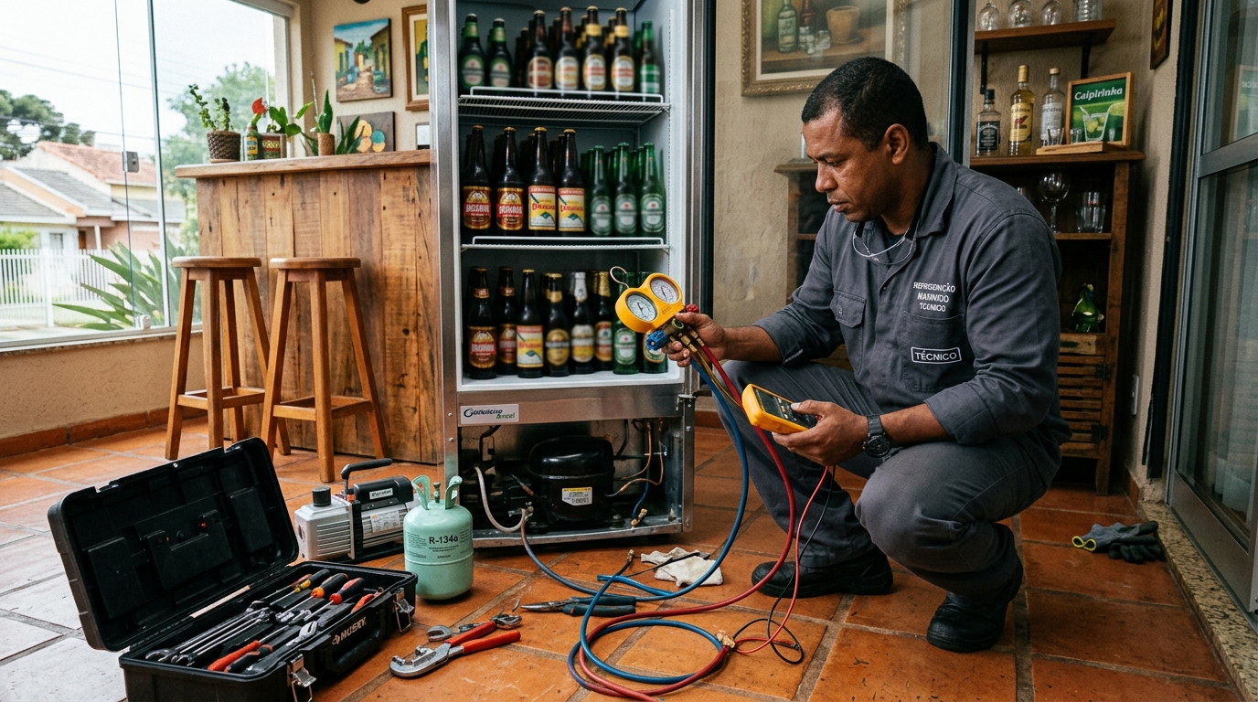 Técnico conferindo a temperatura de uma cervejeira durante atendimento em São José dos Campos‑SP